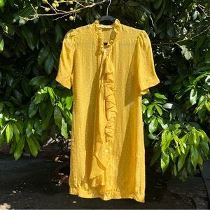 BRIAN REYES mustard yellow sheer silk Swiss dot short puff sleeve ruffle mini